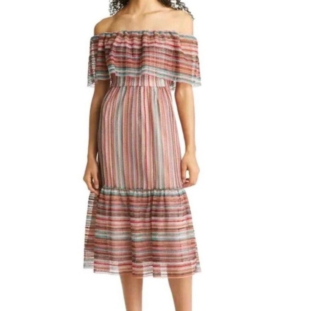 Sam Edelman Macrame Lace Dress Womens 6 Multi Striped Off Shoulder Midi